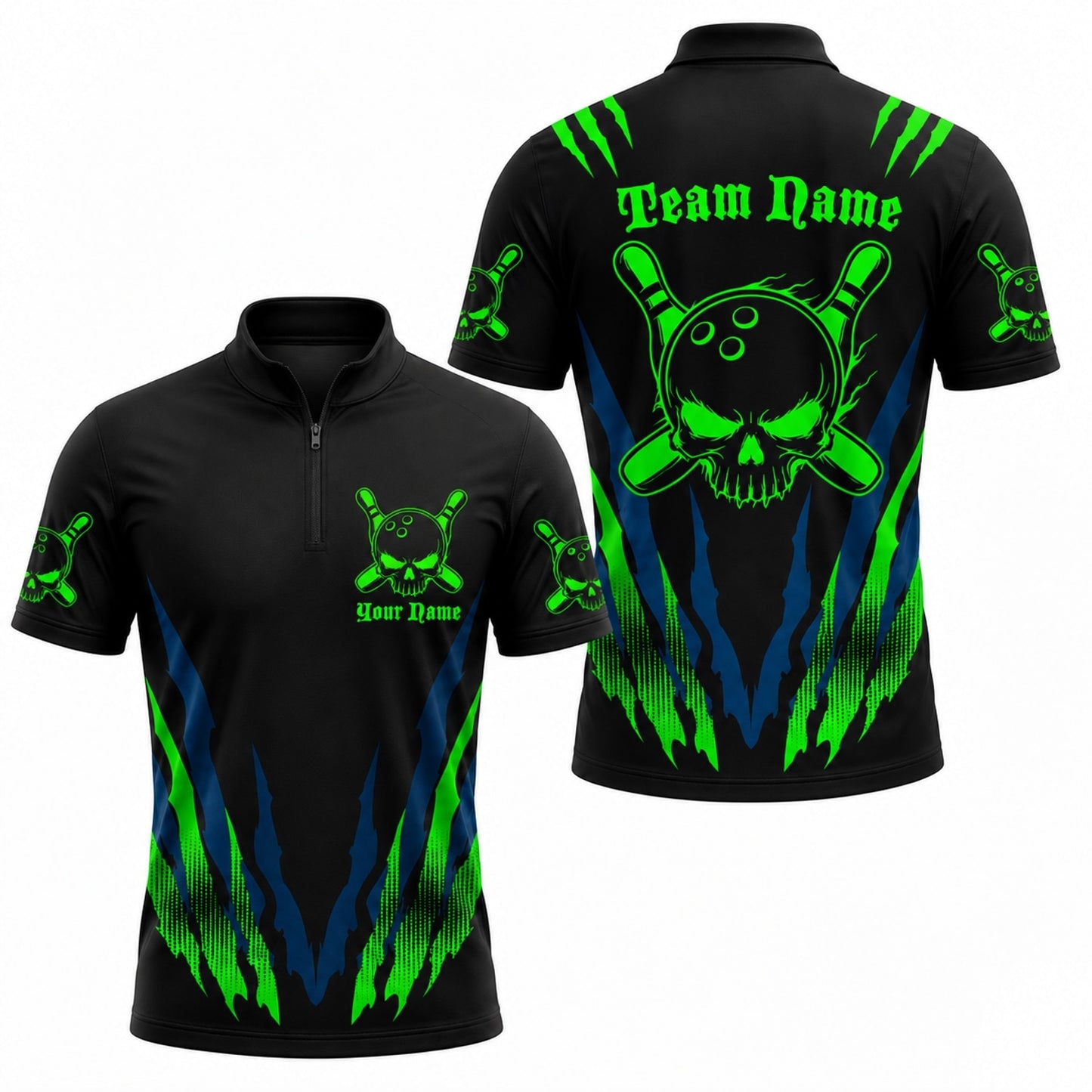 Skull Bowling Ball Sport Custom Bowling Polo Shirt Jersey Zip 1 4 Collar