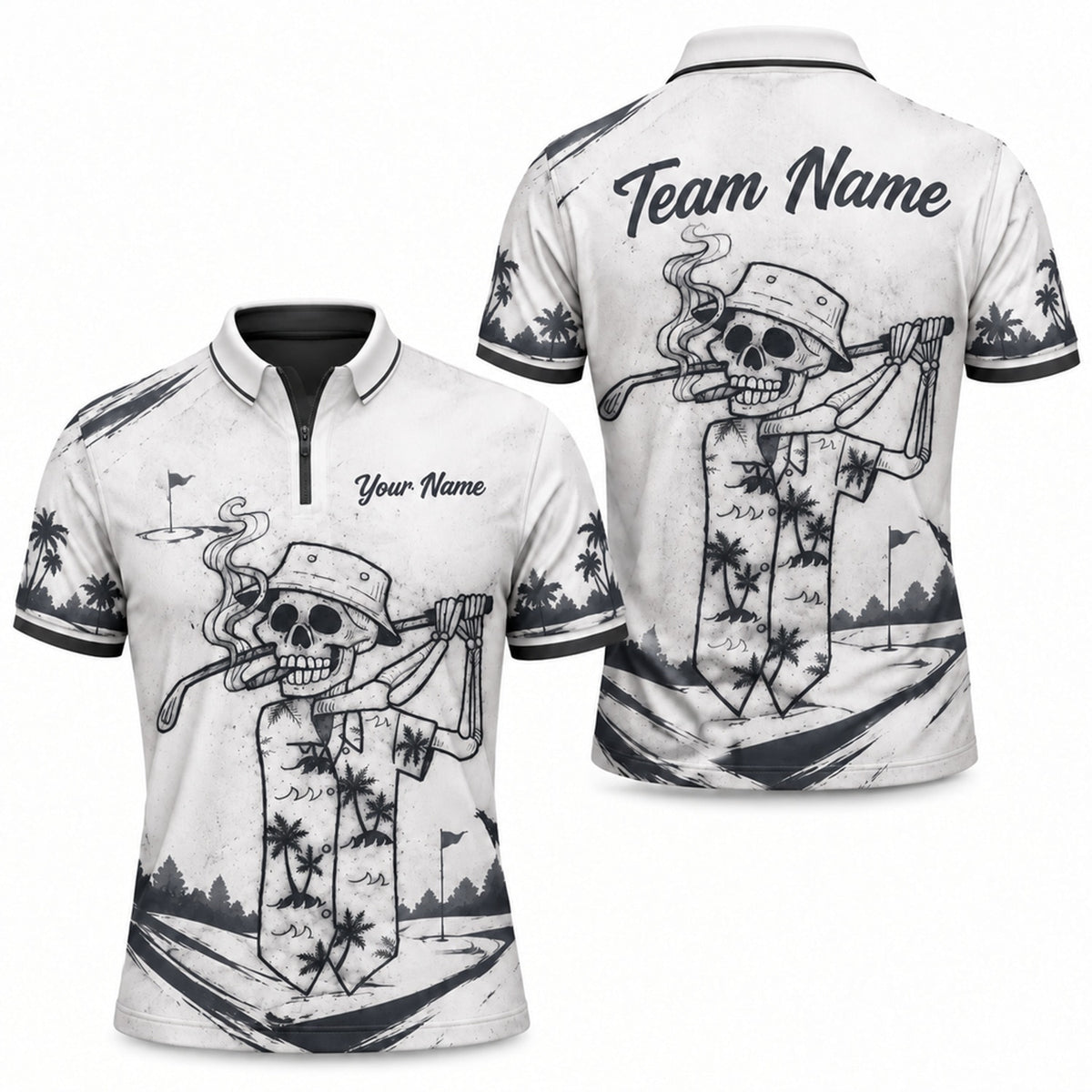Smoking Skeleton Golfer Sport Personalized Golf Polo Shirt Jersey Zip 1 4 Collar