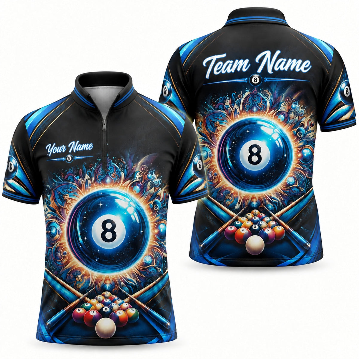 Solar 8 Ball Graphic Personalized Billiard Polo Shirt Jersey Zip 1 4 Collar