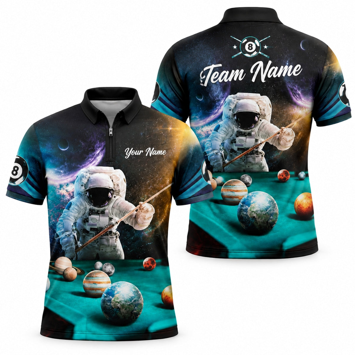 Space Astronaut Billiards Graphic Personalized Billiard Polo Shirt Jersey Zip 1 4 Collar