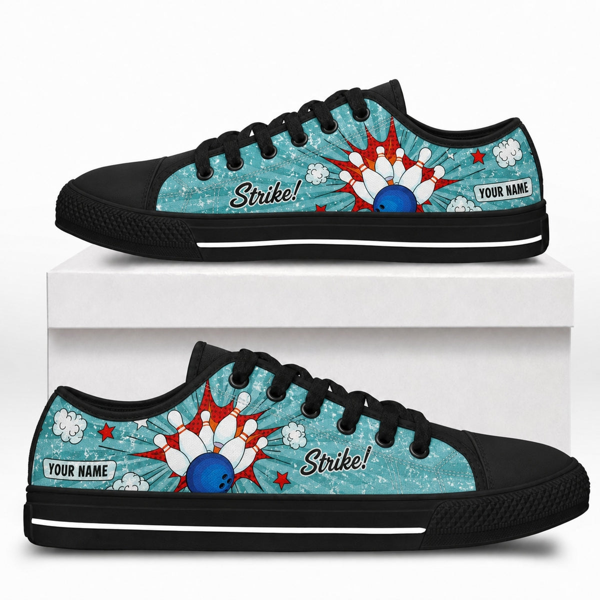 Strike Bowling Ball And Pins Graphic Personalized Low Top Shoes Box Black