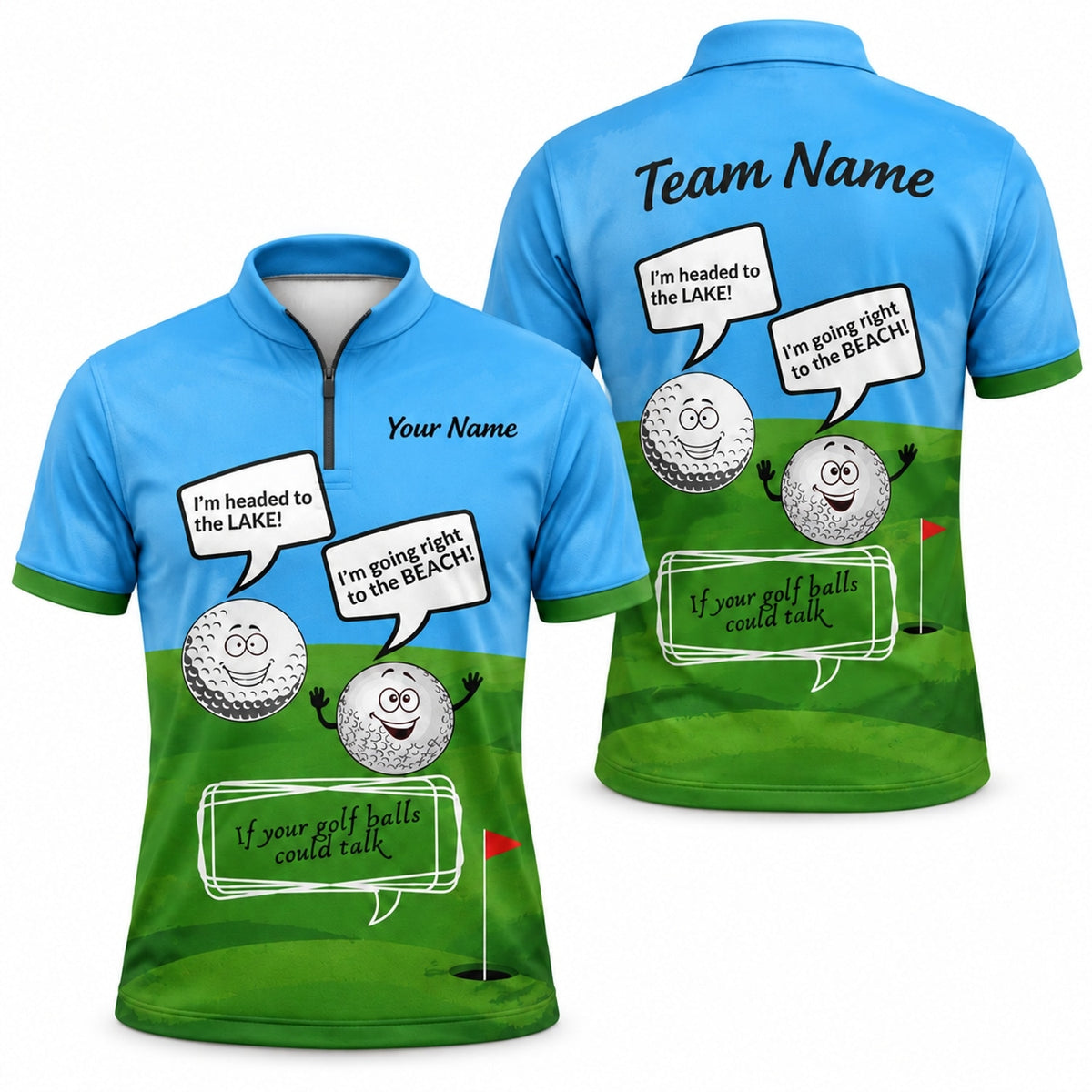 Talking Golf Balls Graphic Personalized Golf Polo Shirt Jersey Zip 1 4 Collar