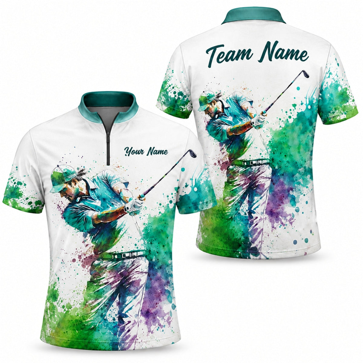 Watercolor Golfer Swing Graphic Personalized Golf Polo Shirt Jersey Zip 1 4 Collar
