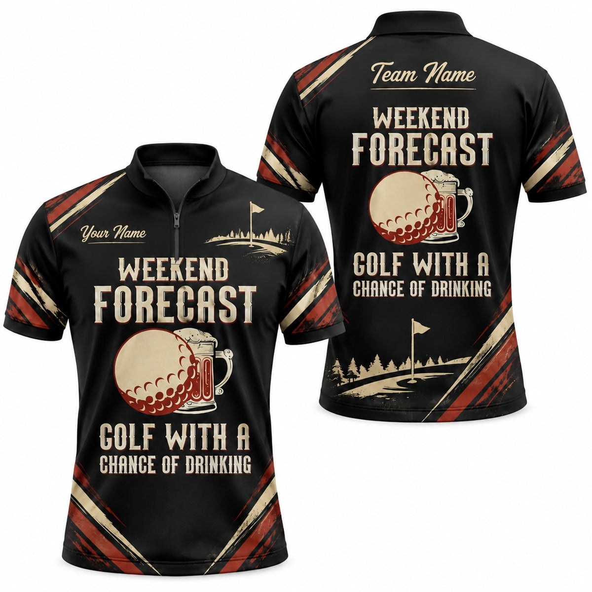 Weekend Forecast Golf With A Chance Of Drinking Funny Custom Golf Polo Shirt Jersey Zip 1 4 Collar