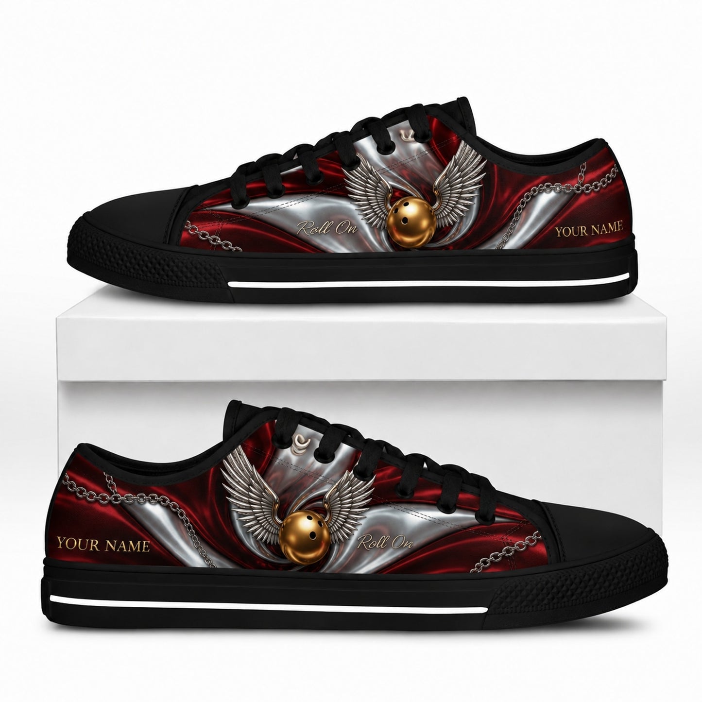 Winged Bowling Ball Graphic Personalized Low Top Shoes Box Black