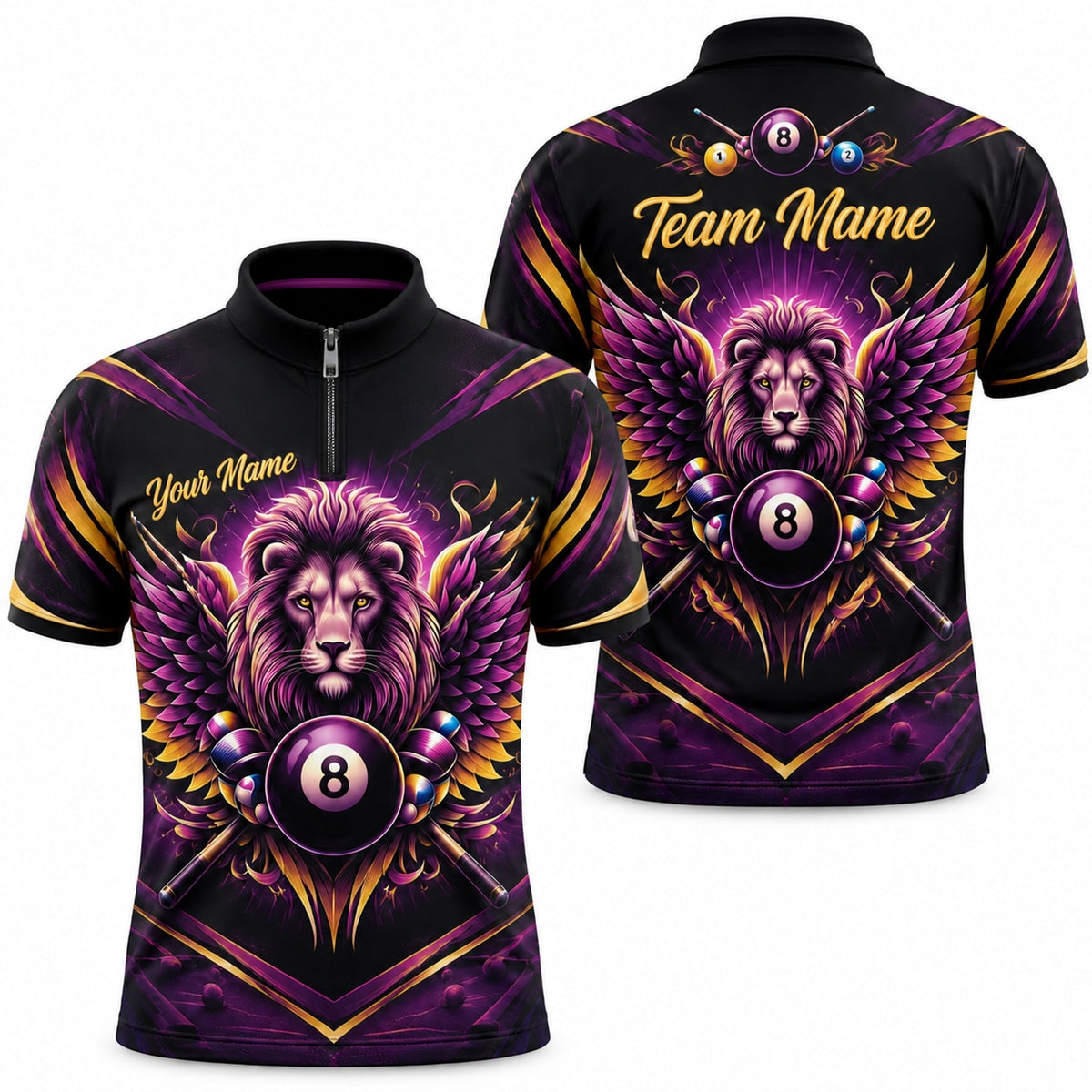 Winged Lion 8 Ball Graphic Personalized Billiard Polo Shirt Jersey Zip 1 4 Collar