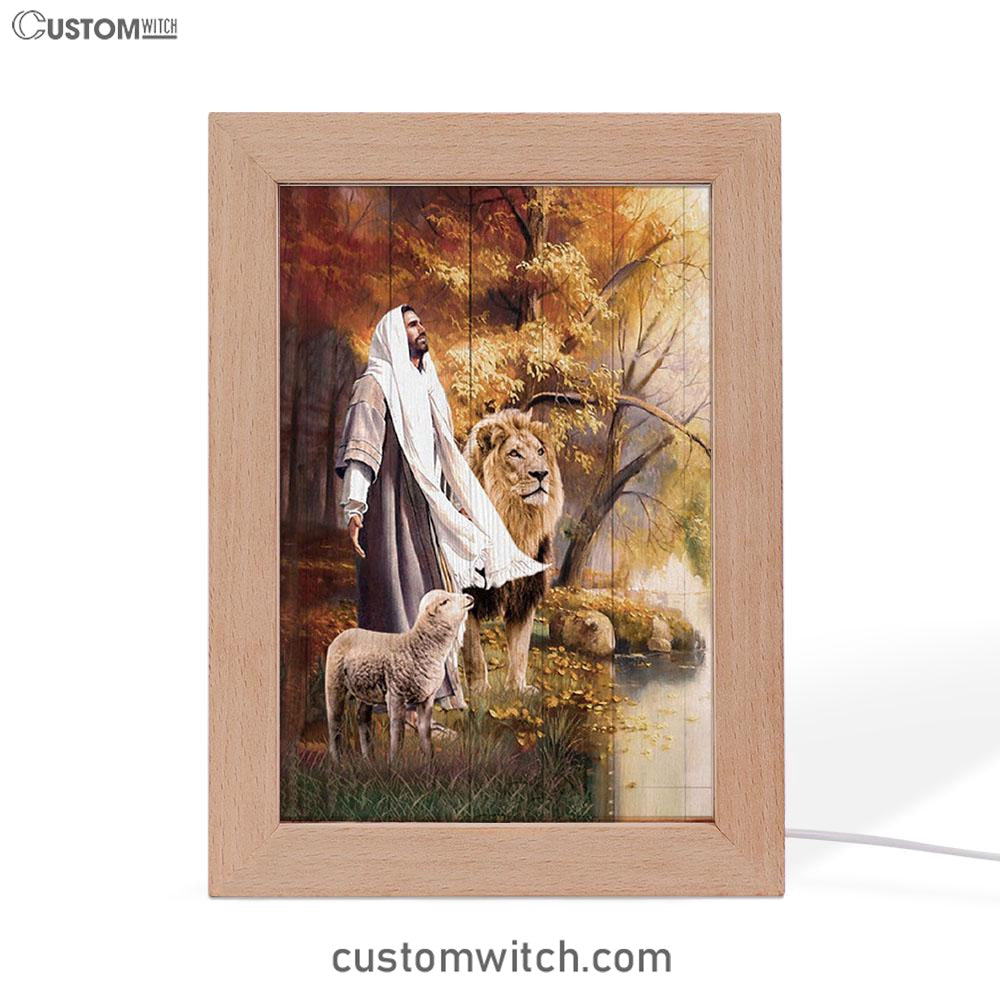 Animal Of God Stunning Lion White Lamb Autumn Forest Frame Lamp Art - Christian Night Light