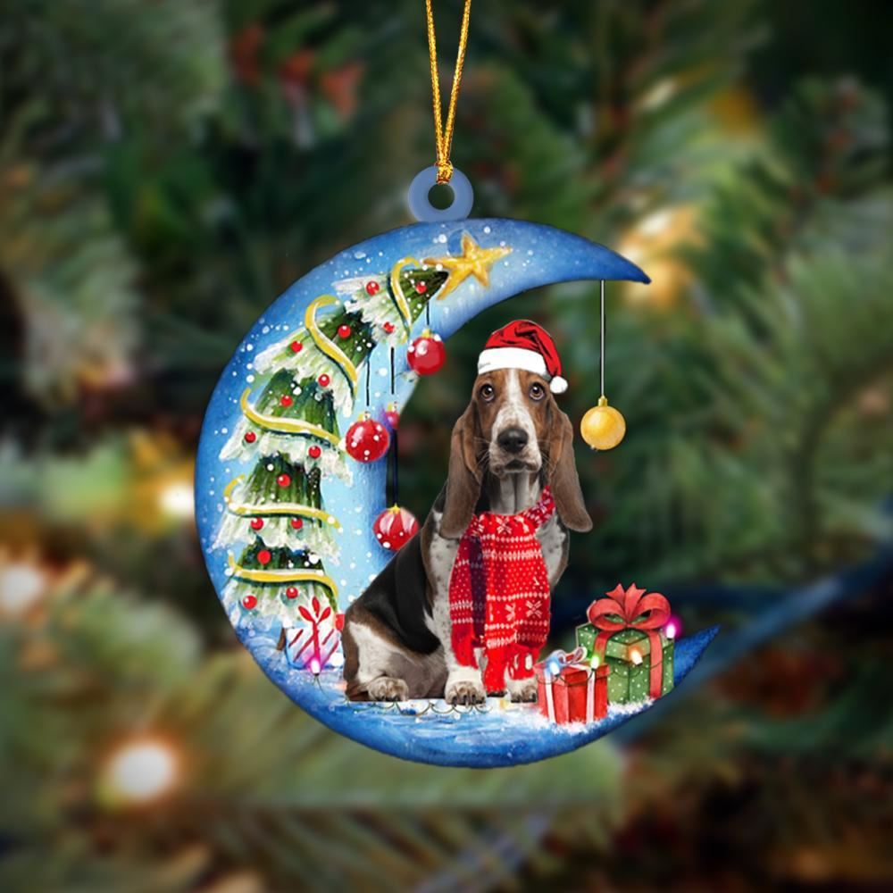 Basset Hound Sits On The Moon Merry Christmas Hanging Ornament, Christmas Gift, Christmas Tree Decorations, Christmas Ornament 2023