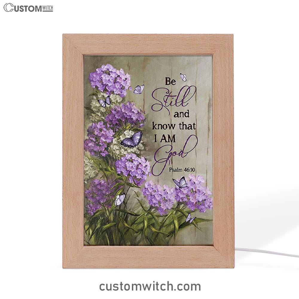 Be Still And Know That I Am God Purple Hydrangea Butterfly Frame Lamp Art - Bible Verse Art - Christian Inspirational Decor