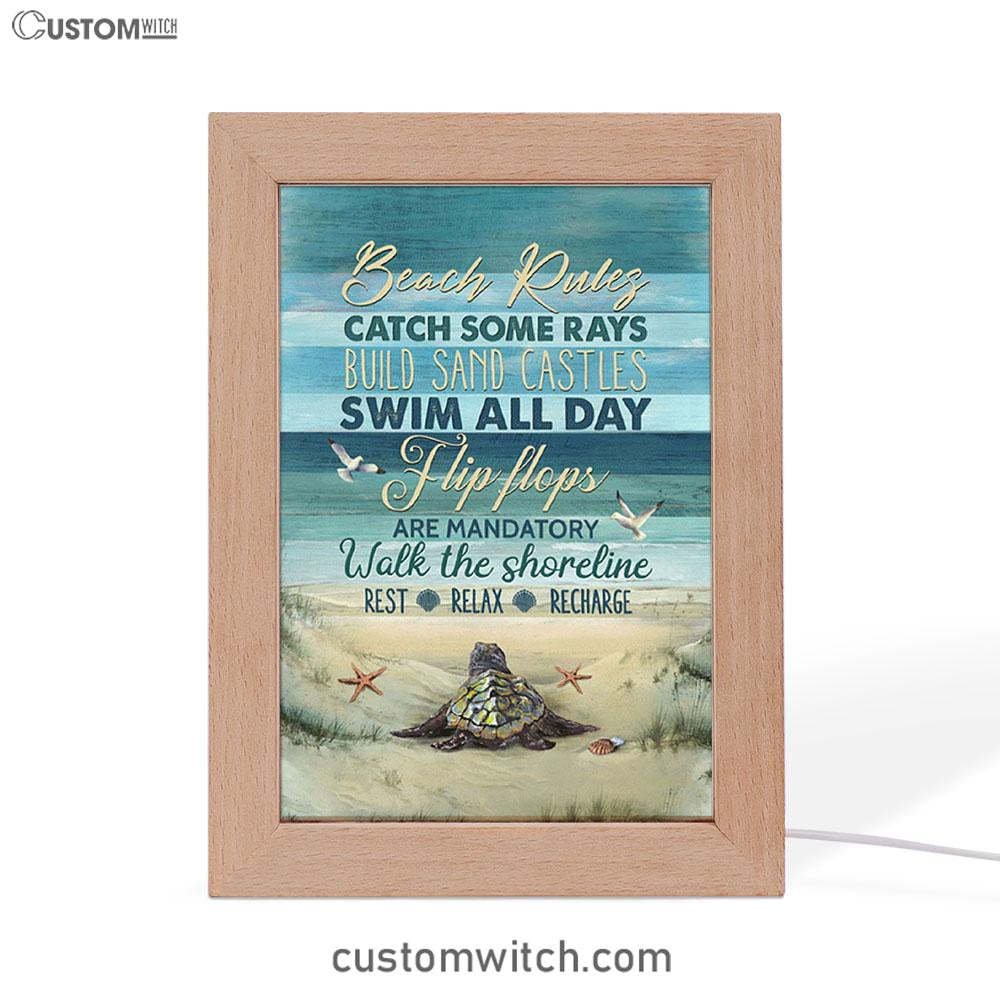 Beach Rules Baby Sea Turtle Sea Life Seagulls Frame Lamp Art - Christian Night Light - Bible Verse Wooden Lamp