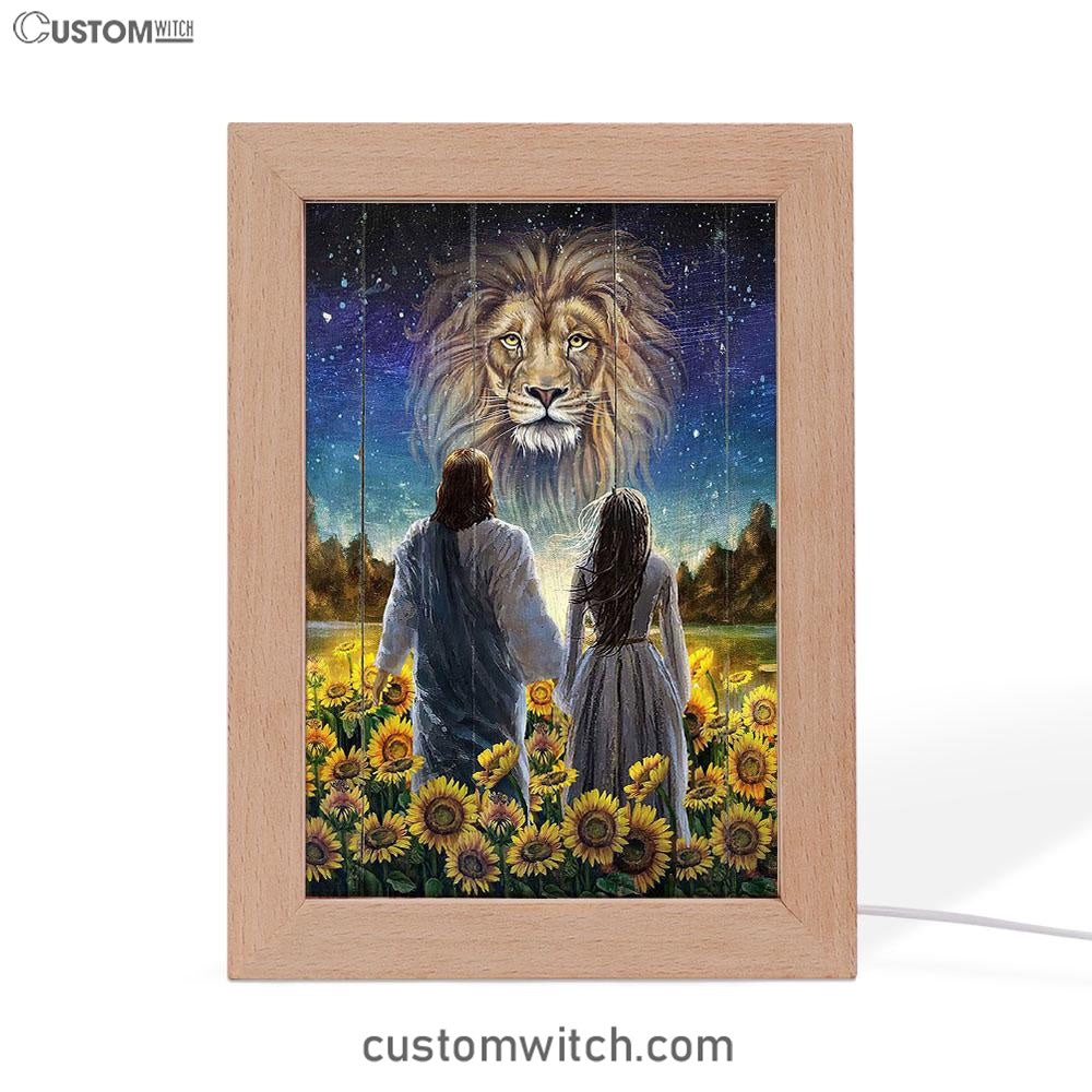 Beautiful Girl Lion Walking With Jesus Sunflower Field Frame Lamp Art - Christian Art - Bible Verse Art - Religious Home Decor
