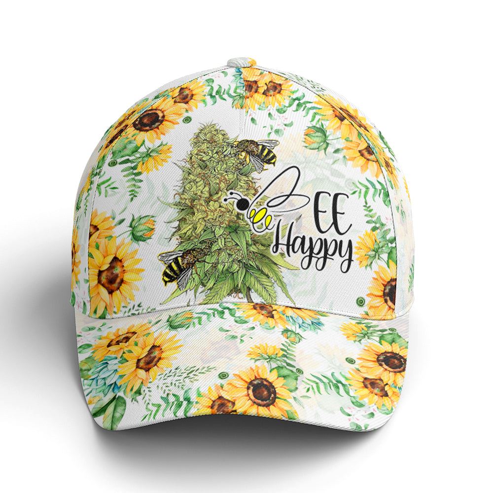 Bee happy Sunflower Pattern Baseball Cap, Christian Baseball Cap, Religious Cap, Jesus Gift, Jesus Hat