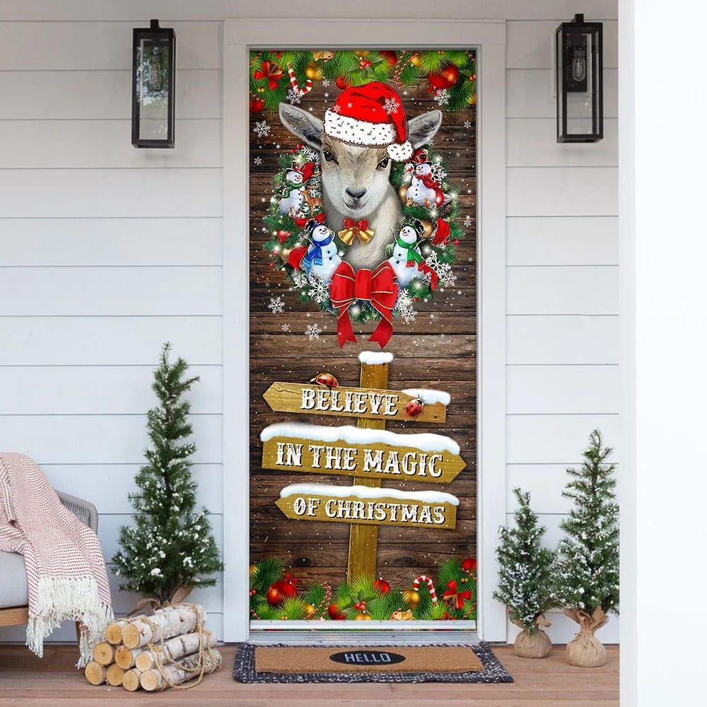 Believe In The Magic Of Christmas Door Cover, Goat Christmas Door Cover, Christmas Garage Door Covers, Christmas Outdoor Decoration