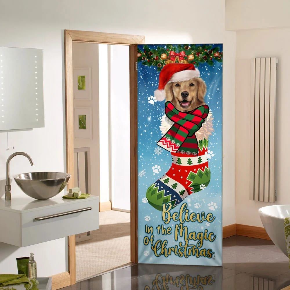 Believe In The Magic Of Christmas, Golden Retriever In Sock Door Cover, Christmas Garage Door Covers, Christmas Outdoor Decoration