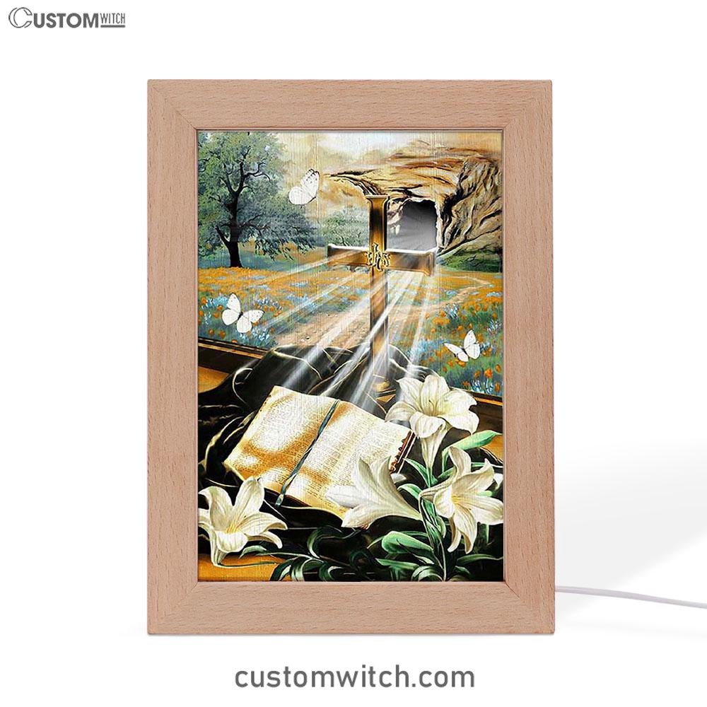 Bible Book Lily Flowers Golden Cross White Butterfly Frame Lamp Art - Bible Verse Wooden Lamp - Inspirational Art - Christian Home Decor