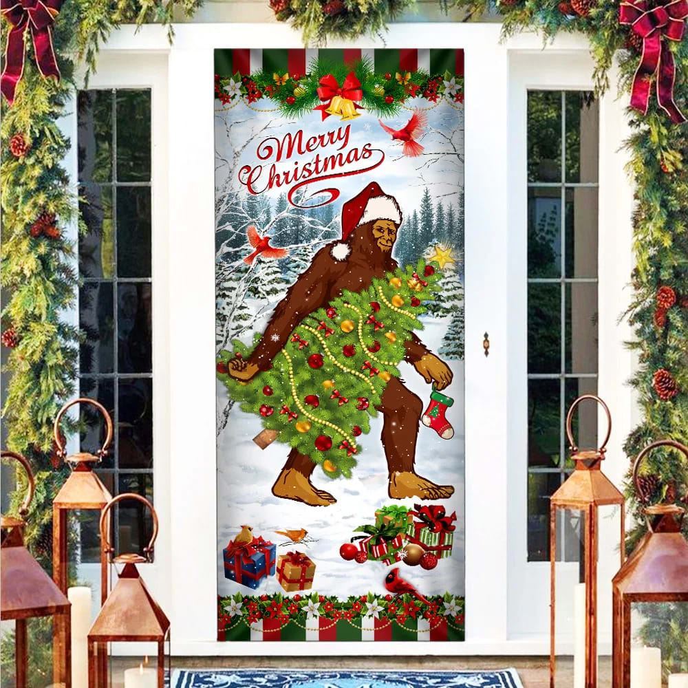 Bigfoot Wearing Santa Hat Christmas Door Cover, Front Door Christmas Cover, Christmas Door Knob Covers, Christmas Outdoor Decoration