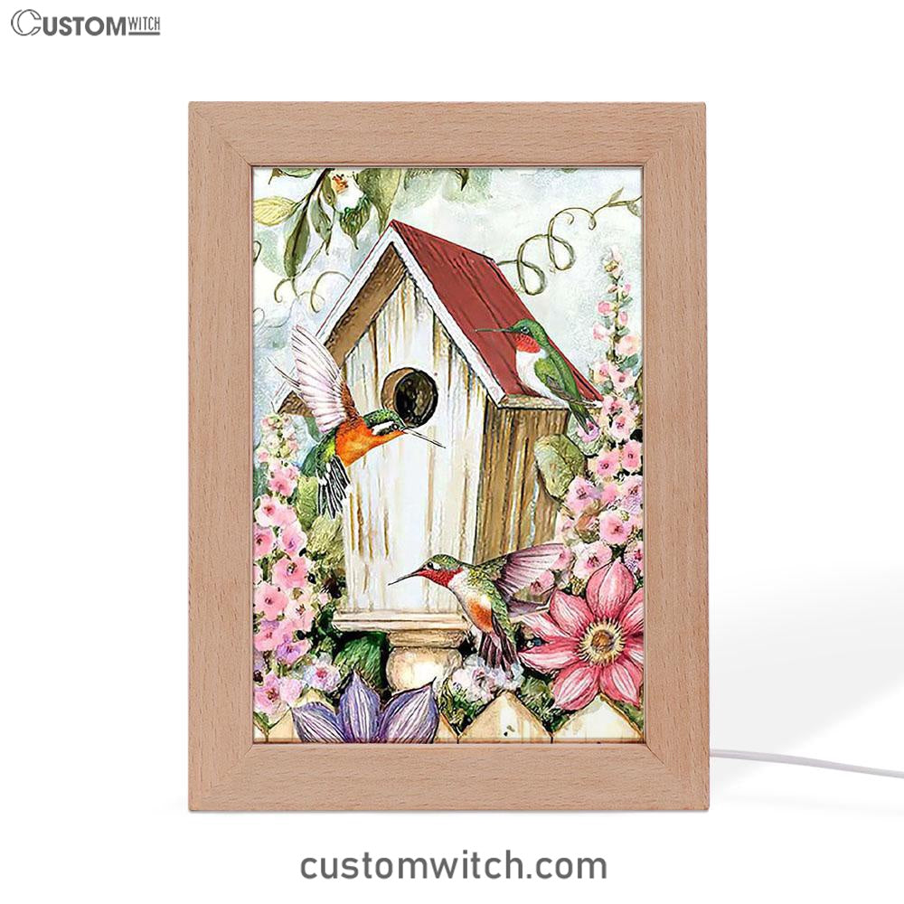 Birdhouse Hummingbird Pink Flower Garden Frame Lamp Art - Christian Night Light - Bible Verse Wooden Lamp
