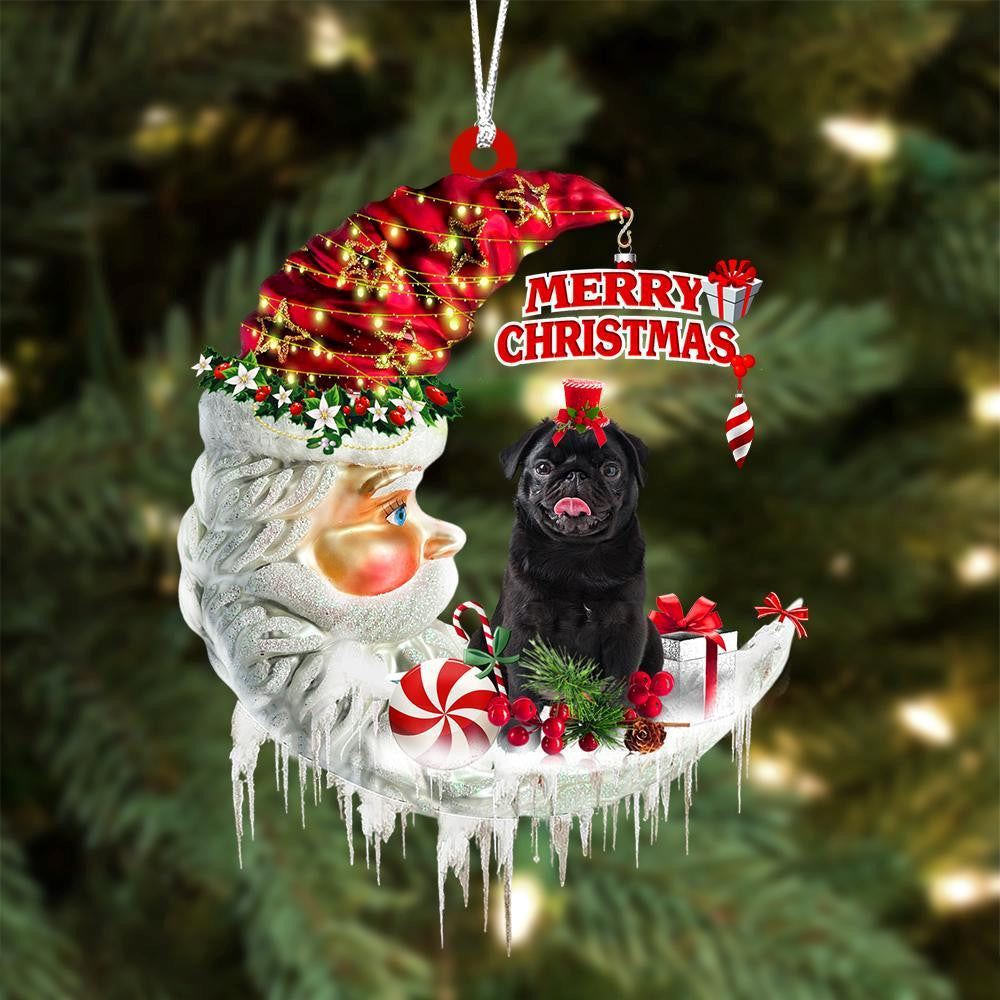 Black Pug On The Moon Merry Christmas Hanging Ornament, Christmas Gift, Christmas Tree Decorations, Christmas Ornament 2023
