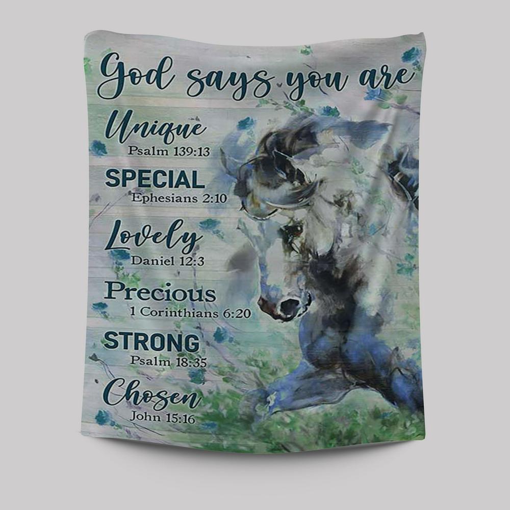 Blue Horse God Says You Are Unique Tapestry Wall Art - Bible Verse Tap ...