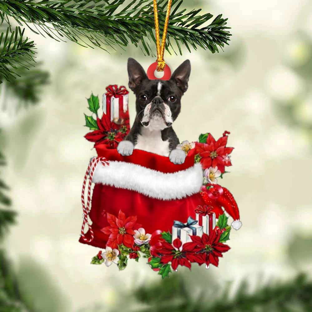 Boston Terrier In Gift Bag Christmas Ornament, Christmas Gift, Christmas Tree Decorations, Christmas Ornament 2023