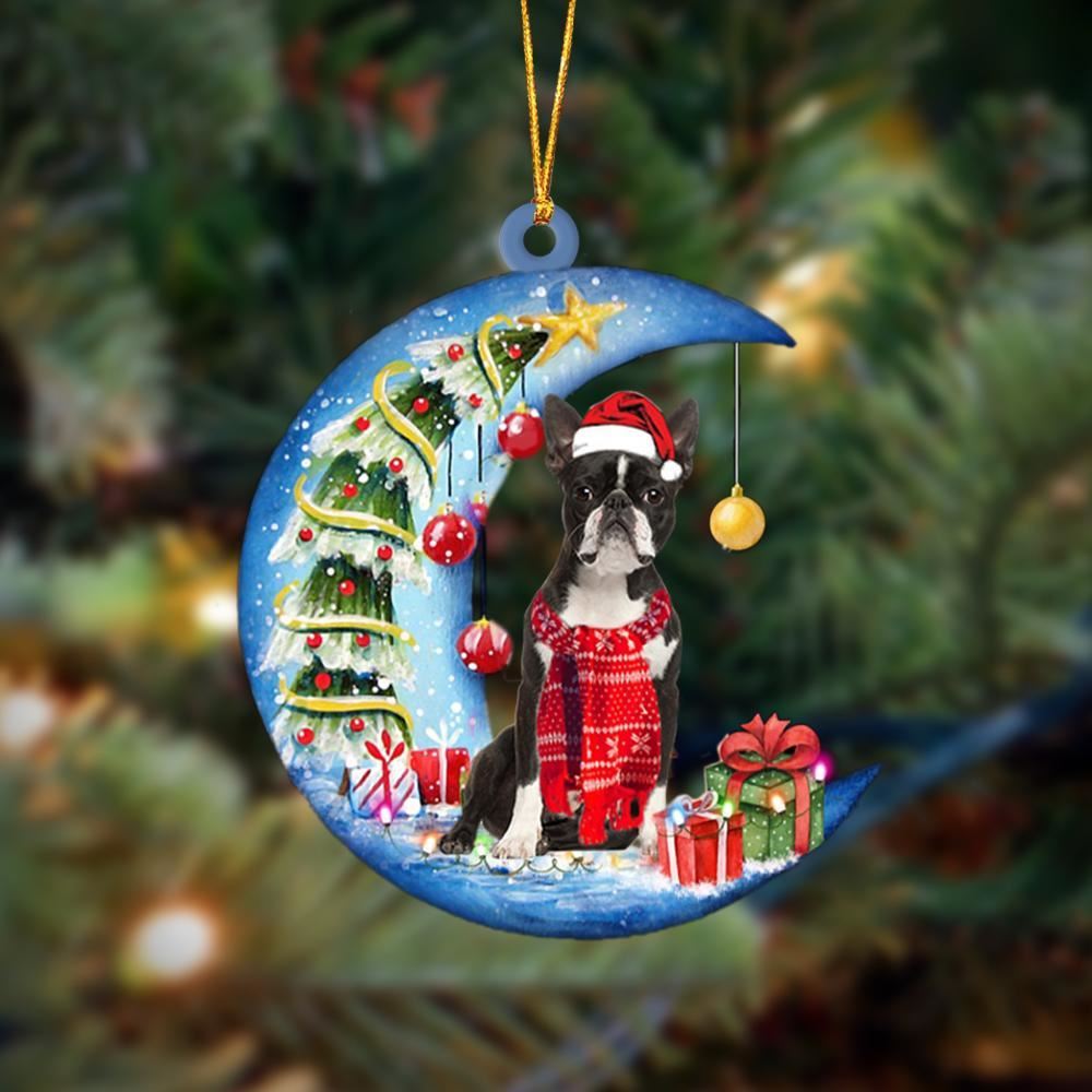 Boston Terrier Sits On The Moon Merry Christmas Hanging Ornament, Christmas Gift, Christmas Tree Decorations, Christmas Ornament 2023