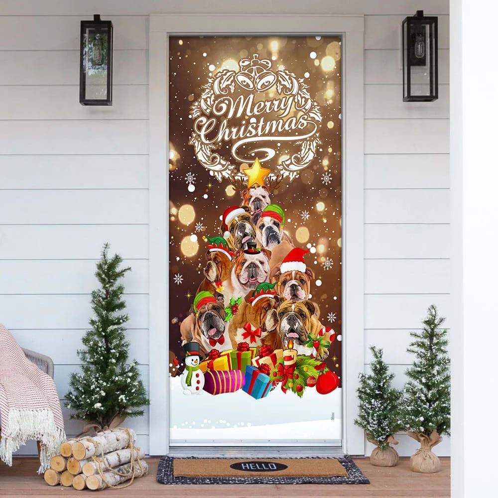Bulldog Christmas Tree Door Cover, Merry Christmas, Front Door Christmas Cover, Christmas Garage Door Covers, Christmas Outdoor Decoration