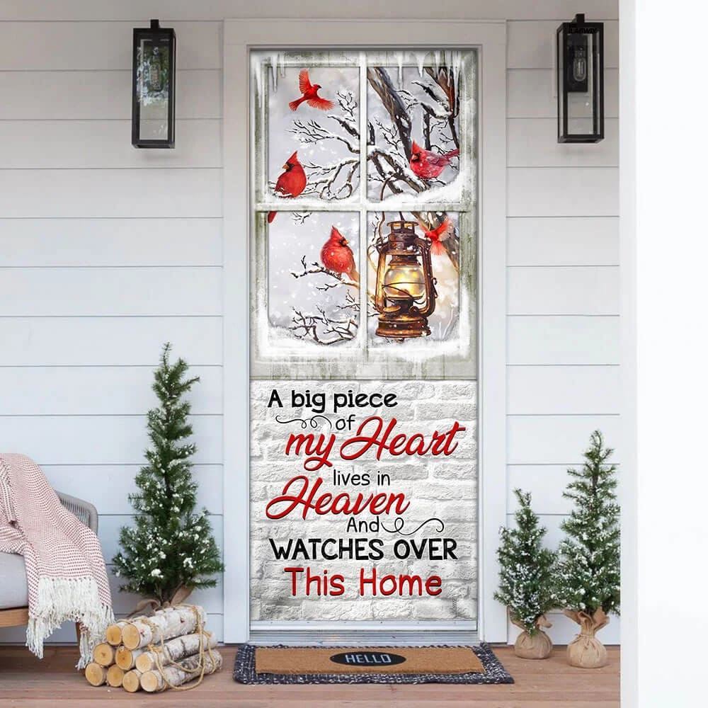 Cardinals A Big Piece Of My Heart Lives In Heaven Door Cover, Christmas Door Knob Covers, Christmas Outdoor Decoration