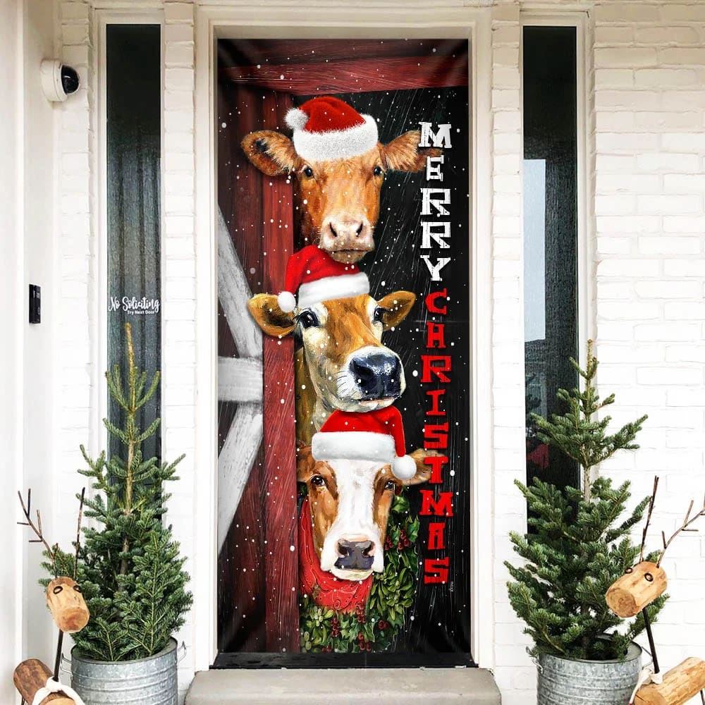 Cattle Cow Merry Christmas Door Cover, Front Door Christmas Cover, Christmas Door Knob Covers, Christmas Outdoor Decoration