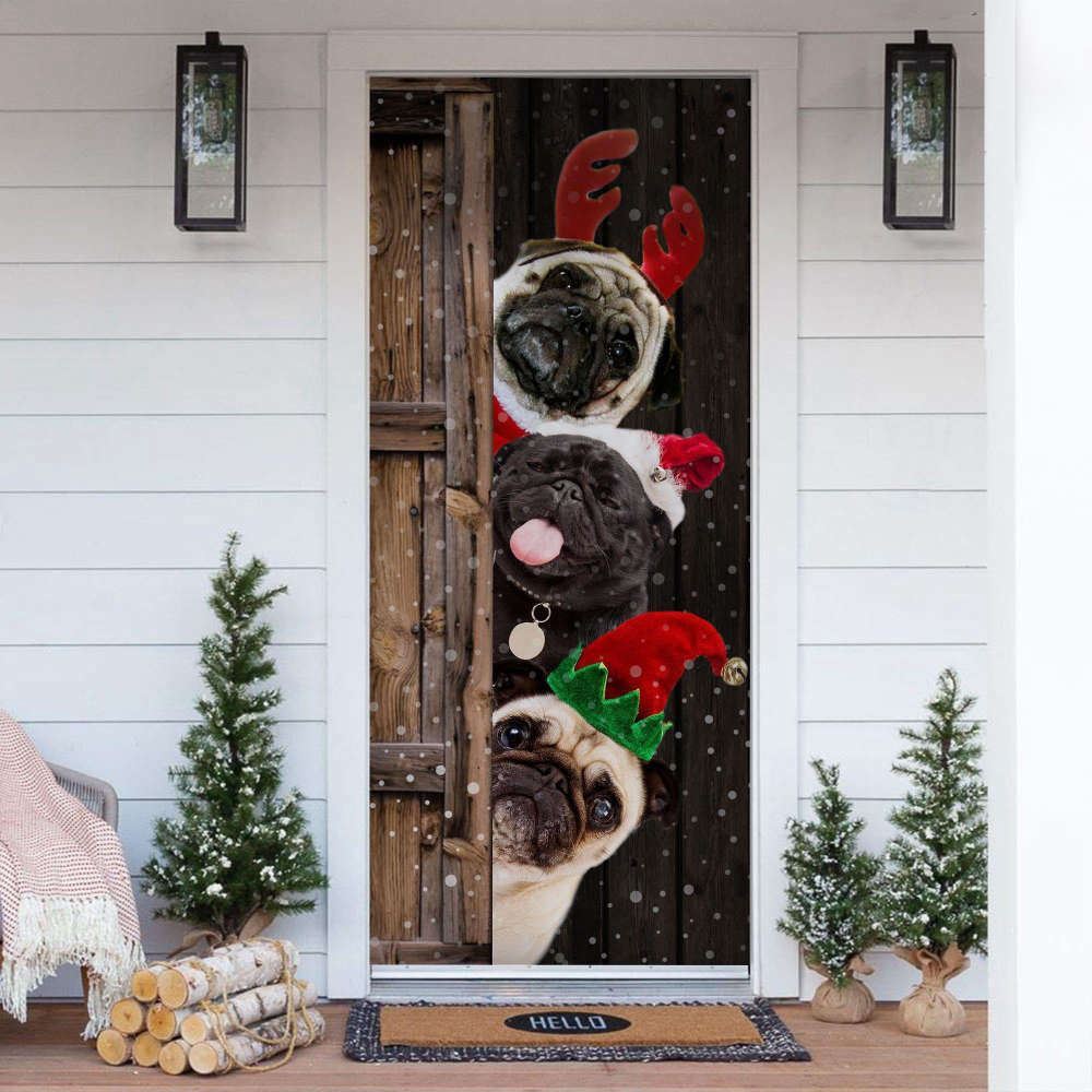 Cheerful Pugs Christmas Door Cover, Festive Tmarc Tee, Christmas Garage Door Covers, Christmas Outdoor Decoration