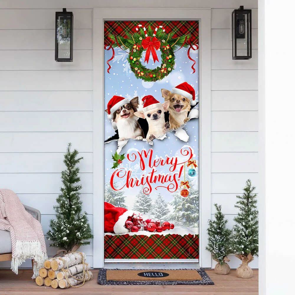 Chihuahua Merry Christmas Door Cover, Front Door Christmas Cover, Christmas Garage Door Covers, Christmas Outdoor Decoration