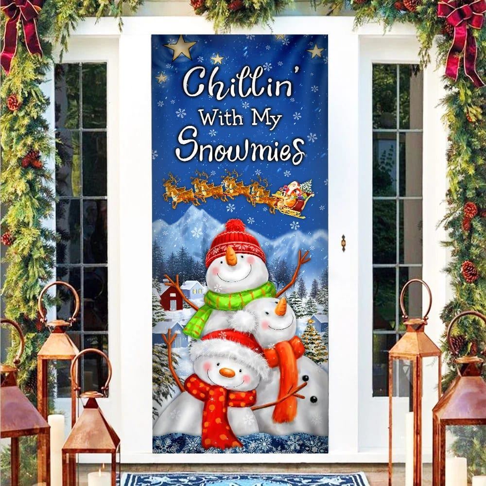 Chillin’ With My Snowmies Door Cover, Snowman Door Cover, Christmas Door Knob Covers, Christmas Outdoor Decoration