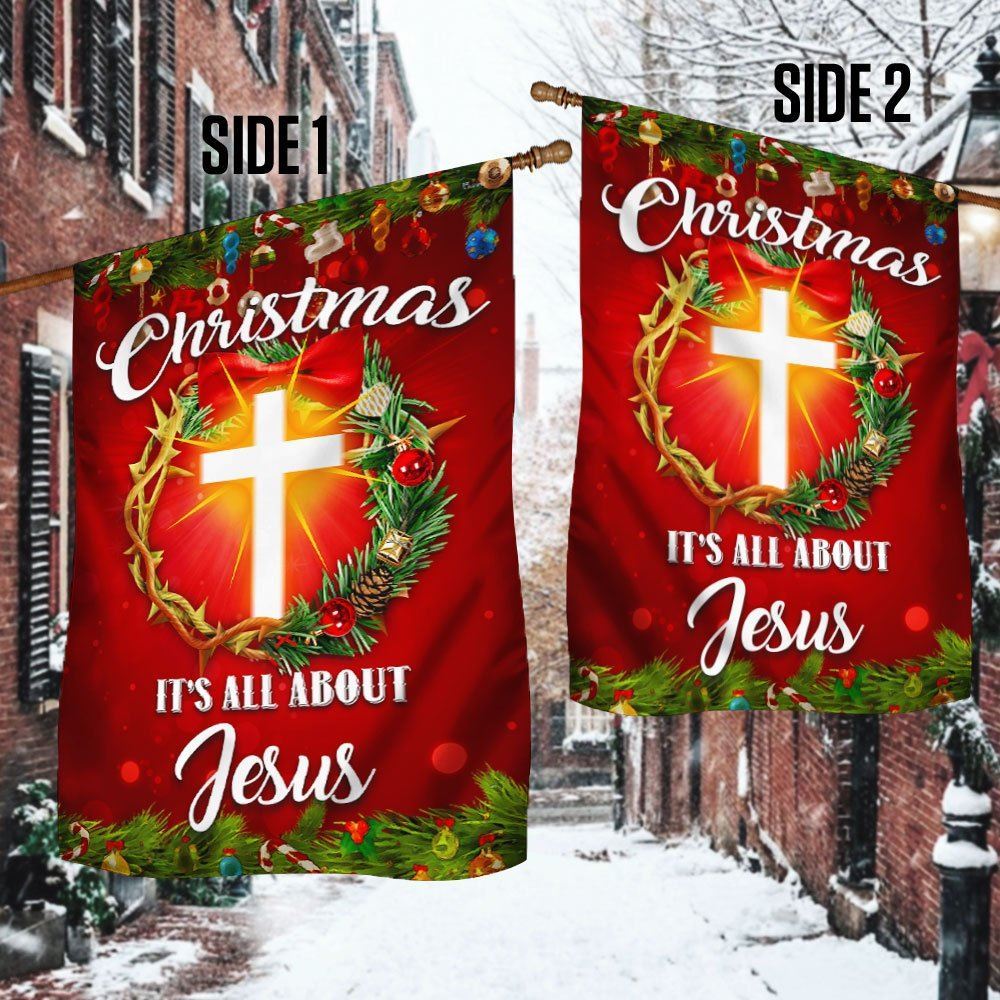 Christmas It's All About Jesus Flag Crown Of Thorns Christmas Wreath Flag, Christian Christmas House Flag, Christmas Outdoor Decor Ideas