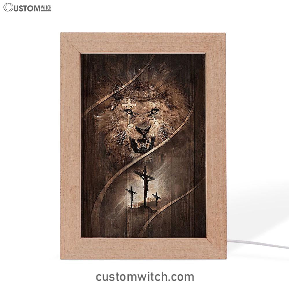 Cross Lion Of Judah Frame Lamp Art - Christian Night Light - Bible Verse Wooden Lamp