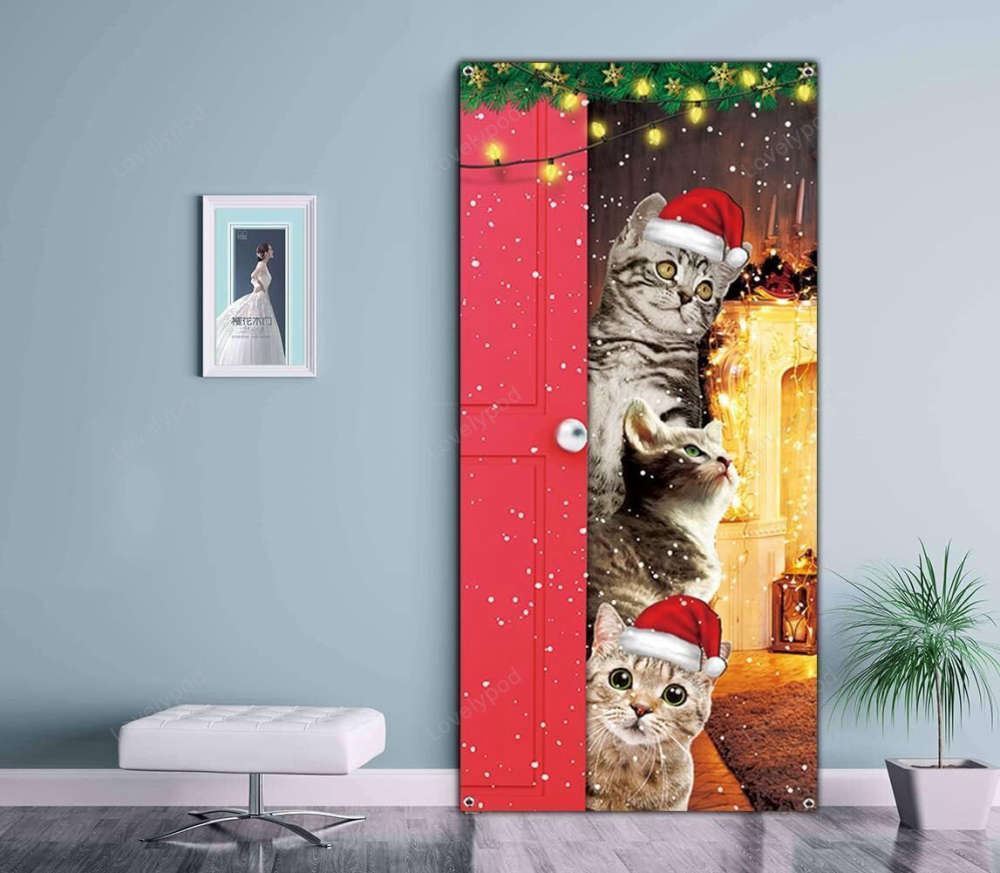 Cute Cats Merry Christmas Door Cover, Funny Cats Door Banner Decoration, Christmas Door Cover, Christmas Outdoor Decoration