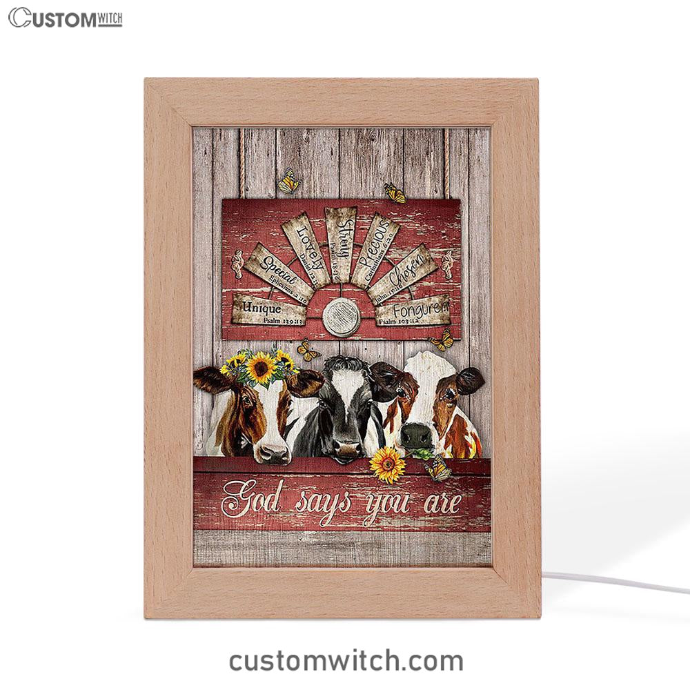 Dairy Cow Sunflower Wreath Windmill Frame Lamp- God Says You Are Frame Lamp Art - Christian Night Light