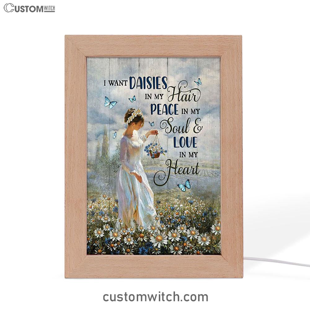 Daisy Field Blue Butterfly Frame Lamp- I Want Daisies In My Hair Frame Lamp Art - Christian Night Light - Bible Verse Wooden Lamp