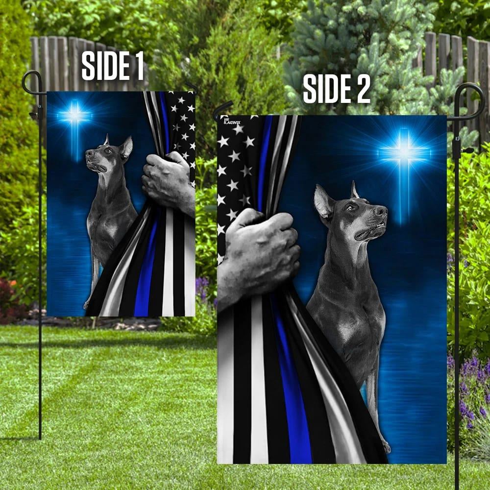 Dobermann Police Dog Thin Blue Line Christian Cross Flag, Outdoor Christian House Flag, Christian Flag, Scripture Flag, Garden Banner