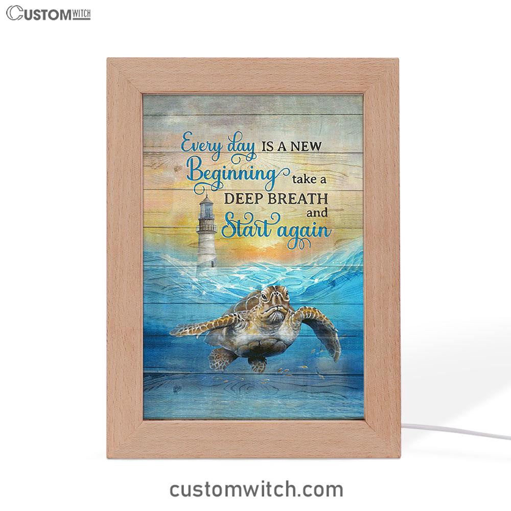 Everyday Is A New Beginning Sea Turtle Lighthouse Blue Ocean Frame Lamp Art - Christian Night Light - Bible Verse Wooden Lamp