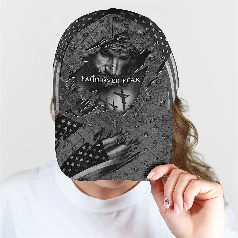 Faith Over Fear God With Cross And American Flag All Over Print Baseball Cap, God Cap, Gift Ideas For Male