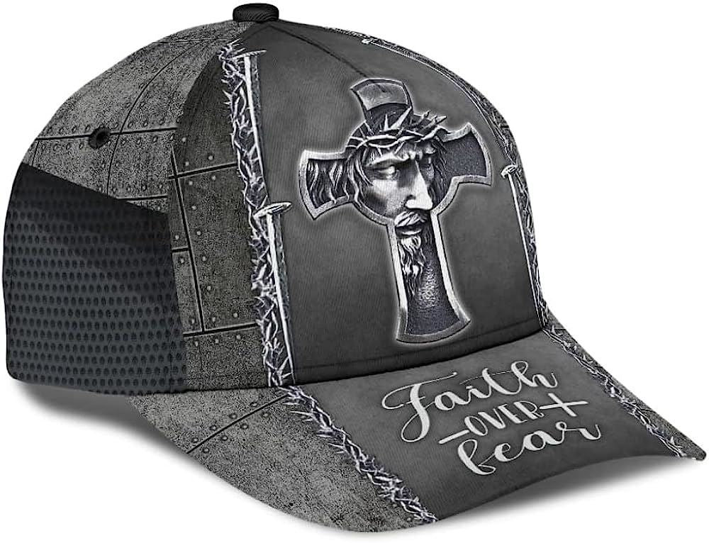Faith Over Fear Jesus Cross All Over Print Baseball Cap, God Cap, Gift Ideas For Male