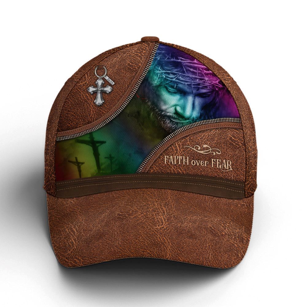 Faith Over Fear Jesus Leather Style All Over Print Baseball Cap, God Cap, Gift Ideas For Male