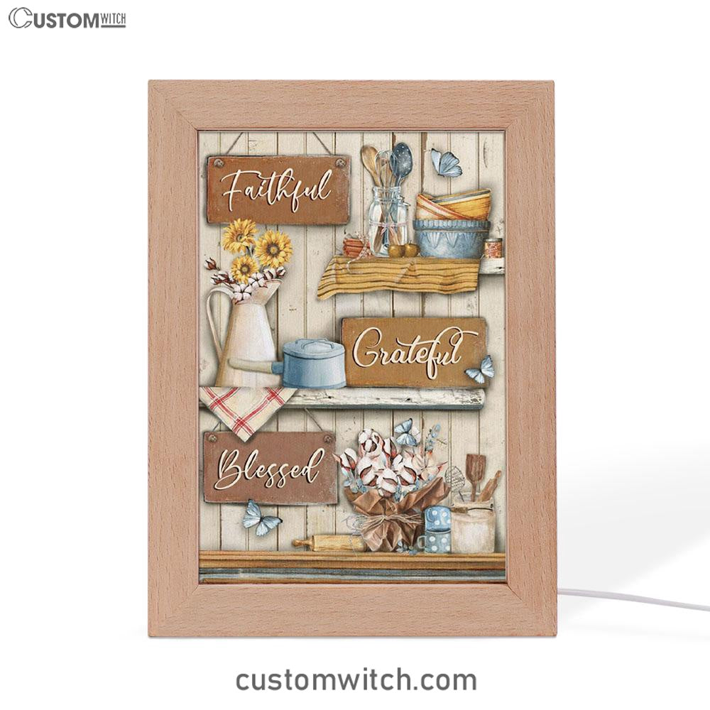 Faithful Grateful Blessed Flower Butterfly Frame Lamp Art - Christian Art Decor - Religious Gifts Night Light