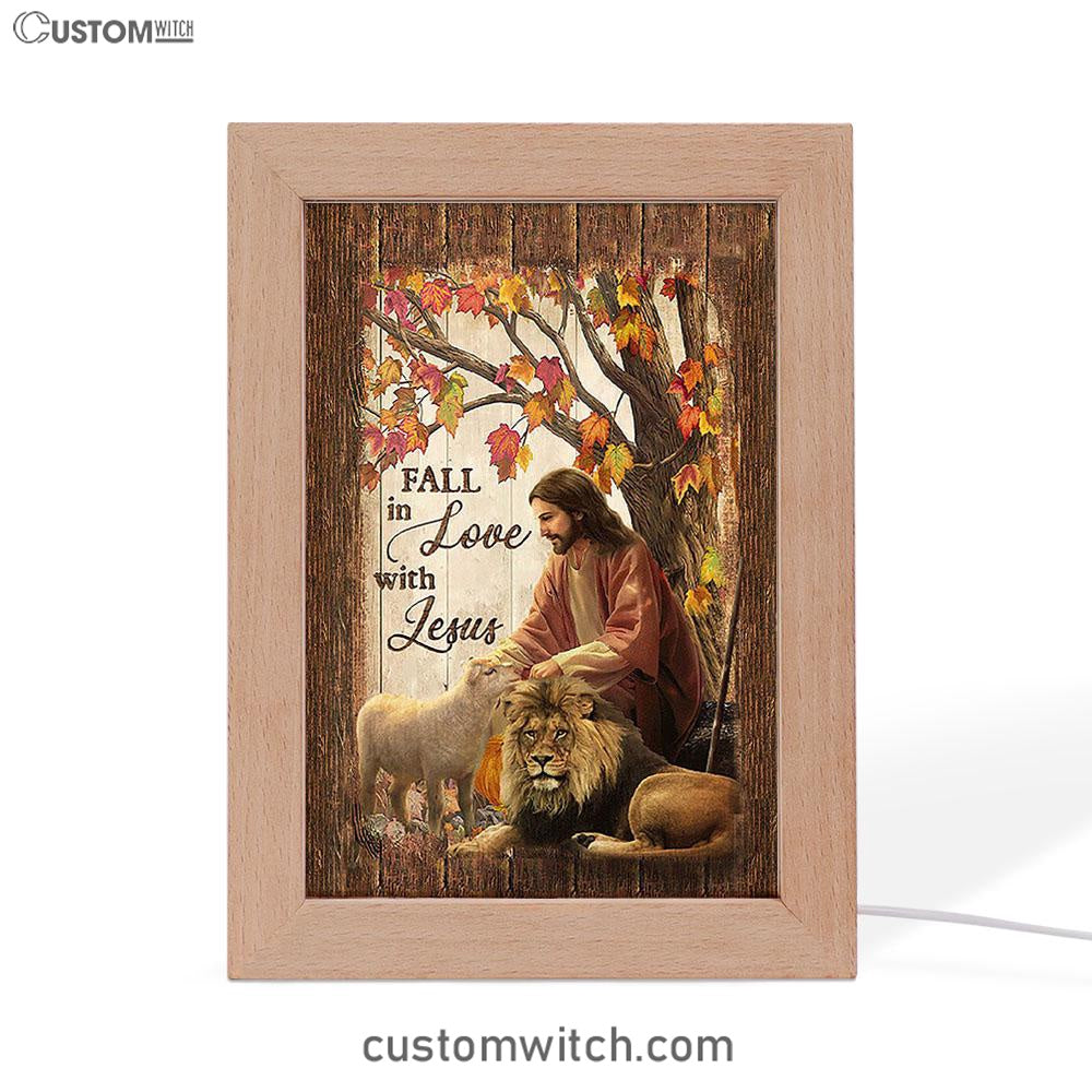 Fall In Love With Jesus Frame Lamp - Jesus Lion Of Judah White Lamb Frame Lamp - Christian Art - Religious Home Decor