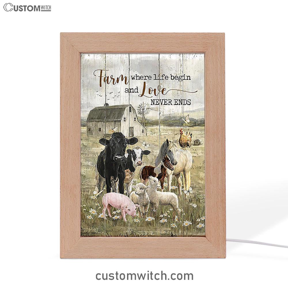 Farm Where Life Begin And Love Never Ends Cow Animal Of God Frame Lamp - Christian Art - Religious Home Decor