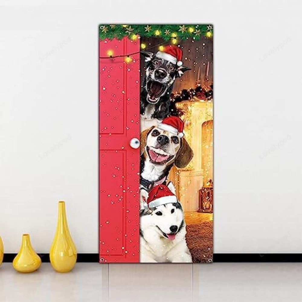 Festive Santa Dogs Merry Christmas Door Cover, Xmas Party Supplies, Christmas Garage Door Covers, Christmas Outdoor Decoration