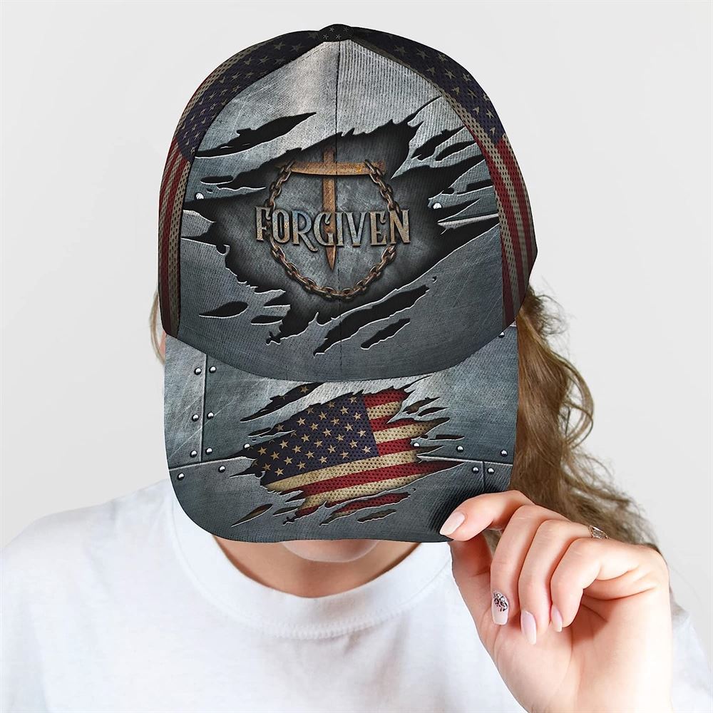 Forgiven Nail Cross With American Flag All Over Print Baseball Cap, God Cap, Gift Ideas For Male