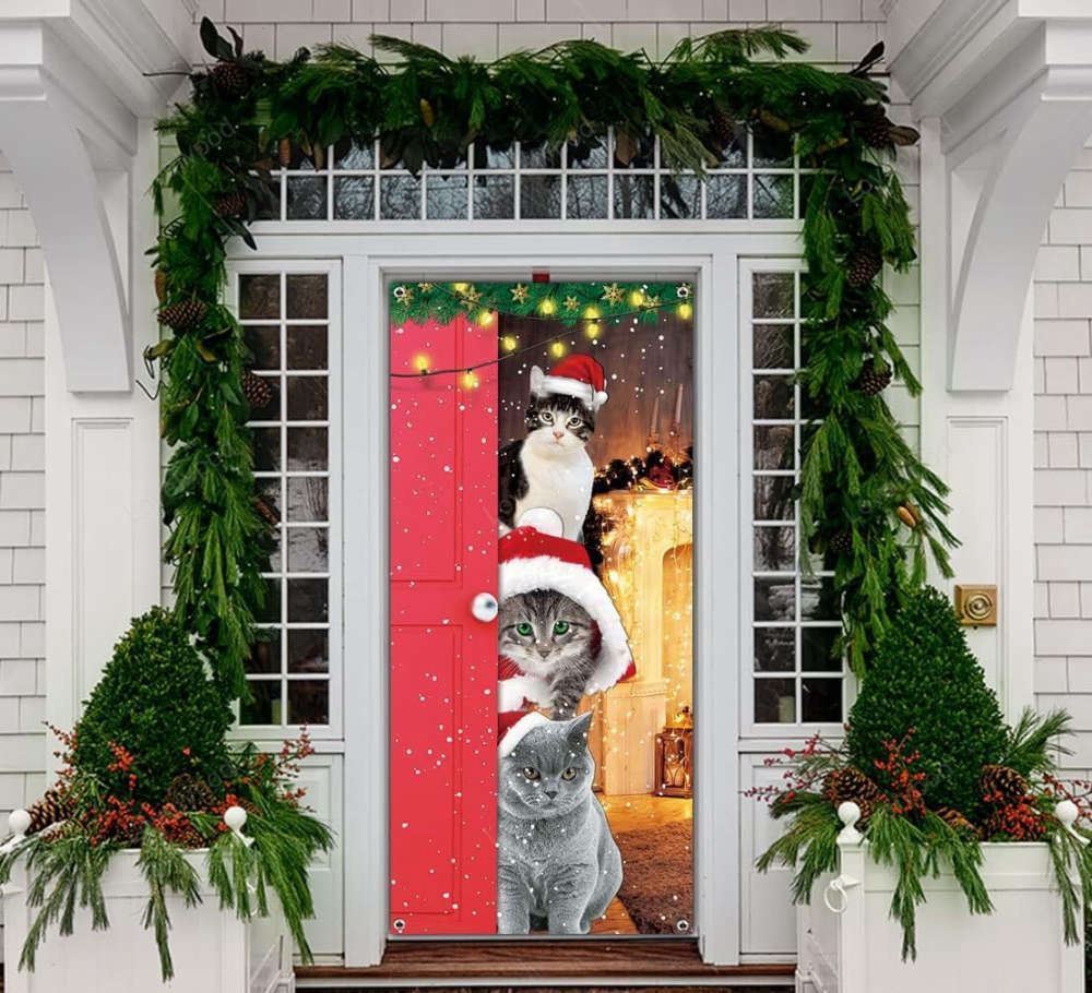 Fun & Festive Funny Cats Door Cover Merry Christmas & Santa Cats Xmas Decoration, Christmas Door Cover, Christmas Outdoor Decoration