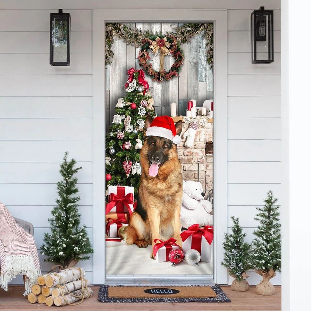 German Shepherd Christmas Door Cover, Christmas Garage Door Covers, Christmas Outdoor Decoration