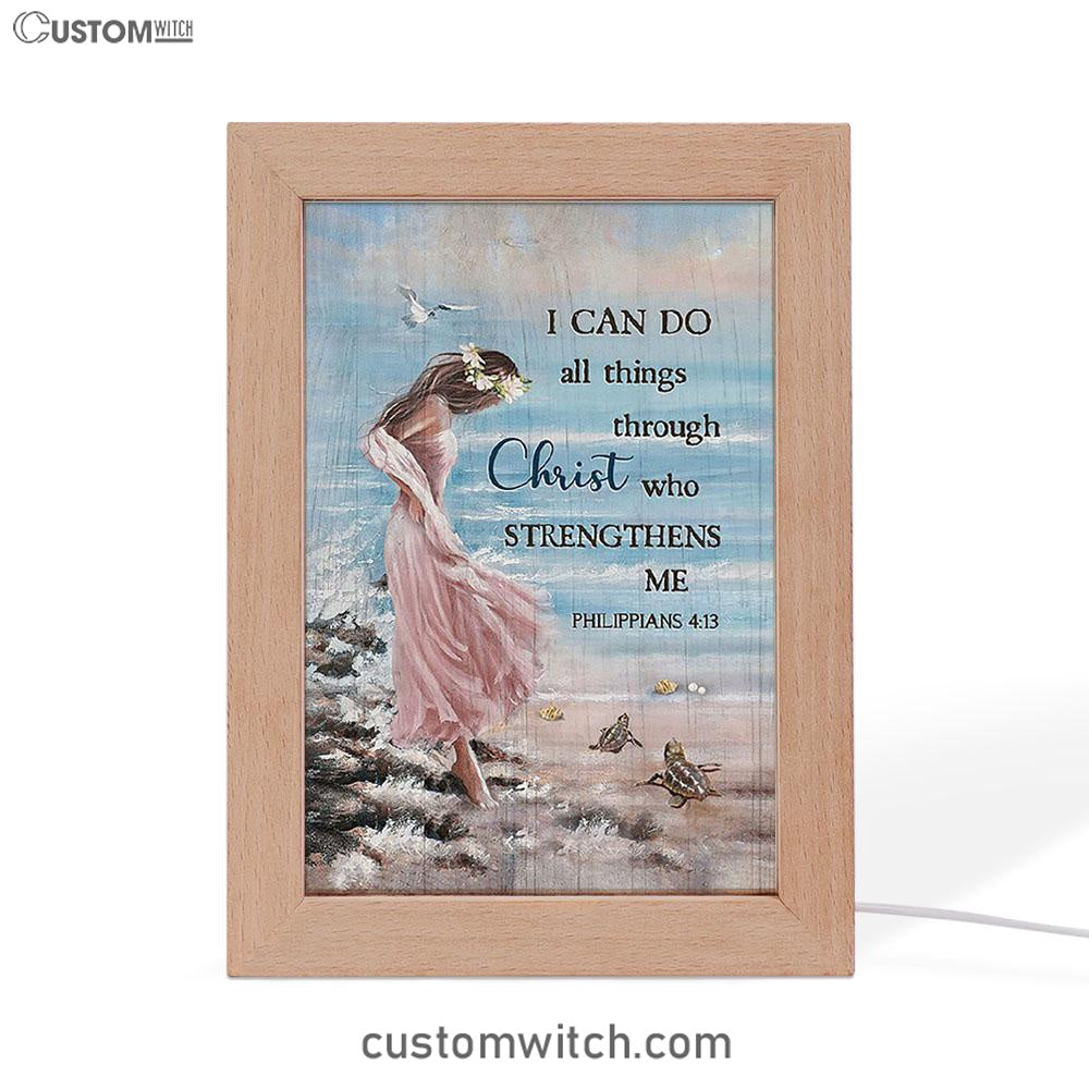 Girl In The Beach Turtle Blue Beach Frame Lamp - I Can Do All Things Through Christ Frame Lamp Art - Bible Verse Wooden Lamp