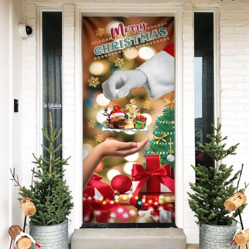 Give Pug Dog Door Cover, Christmas Door Cover, Christmas Garage Door Covers, Christmas Outdoor Decoration